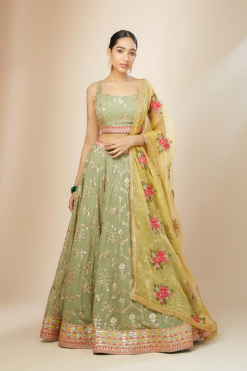 Amazing Pista green Georgette lehenga with sequin zari embroidery work